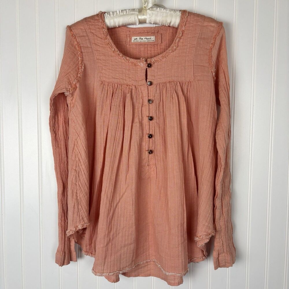 We The Free People Womens Henley Top Size XS Boho Peasant Beachy Coral Cotton